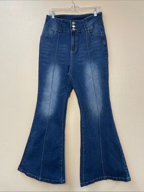 Retro Hippie High waisted stretchy bell bottom denim blue jeans women’s XL Sz 14